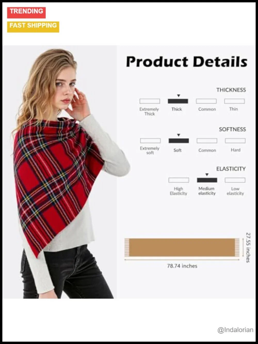 Cashmere Feel Checked Scarf Long Oversized Fashion Scarf for Women